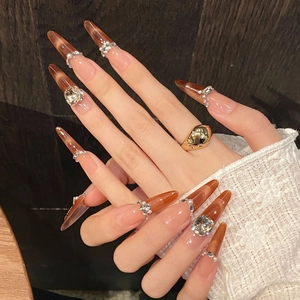 Handmade Long Stiletto Press On Nails Tea Brown Cat Eye Gradient Luxury Rhinestone Artificial Pearl Decorative False Nails