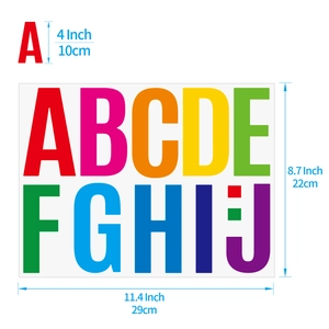 4 inch colorful alphabet stickers with dimensional measurements for DIY wall decoration