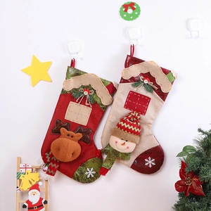 Festive red and beige Christmas stockings with 3D reindeer and snowman characters