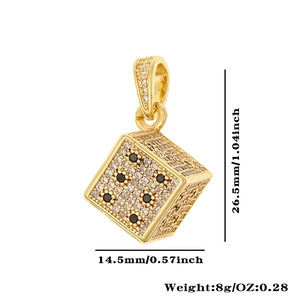 Detailed view of gold dice pendant with dimensions 26.5mm height and 14.5mm width