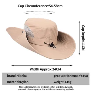Khaki outdoor sun hat with breathable mesh, chin strap, and dimensions for camping hiking