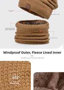 Detail of warm winter knit hat and neck warmer with thick faux fur lining for wind protection