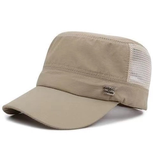 Detail of khaki military cap featuring breathable mesh panels and silver metal accent
