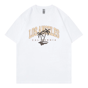 Women's white crewneck T-shirt with Los Angeles California palm tree surfing graphic