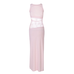 Detail of pink sleeveless long dress featuring sheer lace patchwork at the waistline