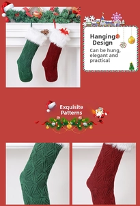 Makroaufnahme der Zopfmuster-Texturen und weißen Plüschbündchen an Weihnachtsstrümpfen