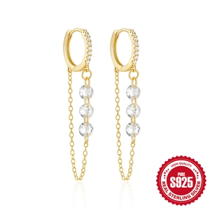 Elegant gold S925 sterling silver drop earrings with three-stone zircon tassel charms