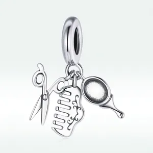 S925 sterling silver hair stylist charm set with scissors, comb and mirror pendants