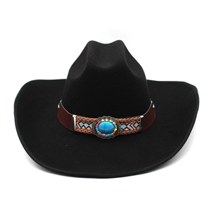 Detail of western cowboy hat with brown braided band and large turquoise stone accent
