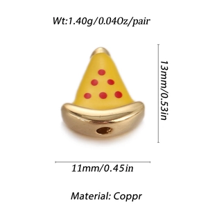 Macro view of gold pizza charm with red enamel details and accurate size measurements