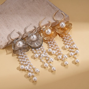 Vintage C-shaped hollow lotus earrings with zircons, pearls and tassels in gold and silver