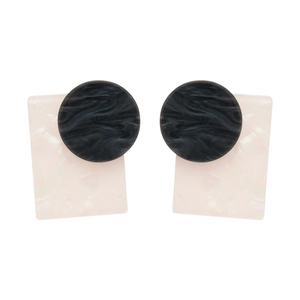 Retro geometric earrings with black round studs and pink marble resin pendants