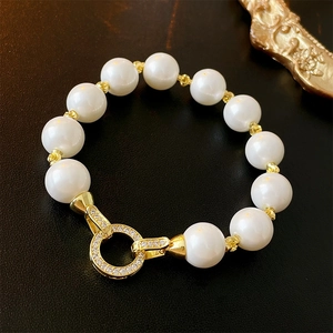 Elegant Artificial Pearl Bracelet For Women With Real Gold Plated Alloy And Pave Zircon Round Clasp Luxury Ins Style Jewelry