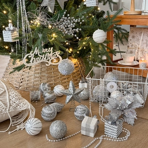 Silver Christmas tree ornament set including glitter balls, stars and bead garlands