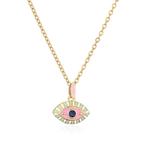 Detail of bohemian gold-plated evil eye pendant with pink and green enamel work