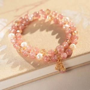 Strawberry Quartz Freshwater Pearl Multi Layer Beaded Bracelet With Bell Charm Elegant Light Luxury Jewelry For Women