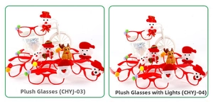Detail of Christmas party glasses featuring plush snowman and reindeer motifs with lights