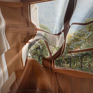Detail shot of the high-quality woven fabric with a bohemian nature window print