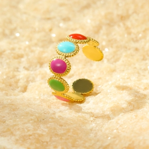 Stainless Steel Ring 18K Gold Plated Colorful Enamel Geometric Adjustable Open Band Fashion Jewelry For Women