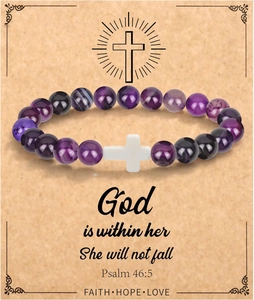 Purple agate beaded bracelet with white cross on decorative Psalm 46:5 scripture card
