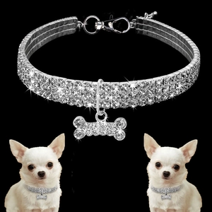 Drei-reihiges Strass-Halsband für Haustiere mit funkelndem Knochenanhänger und Kette