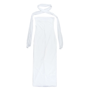 Flat lay of a white strapless bodycon maxi dress with a matching crossover neck scarf accessory