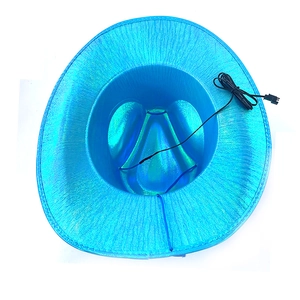 Detail view of metallic blue LED cowboy hat interior with power connector and wiring