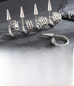 Gothic punk silver titanium steel hoop earrings with cone charms and detailed engraving