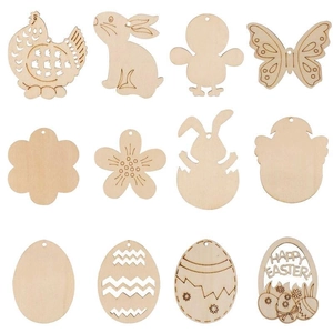 Set of 12 creative wooden Easter hanging ornaments with rabbit, egg and flower shapes