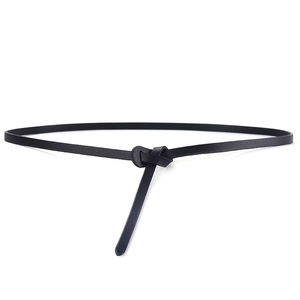 Minimalist black leather skinny waist belt for women featuring a simple knot closure design
