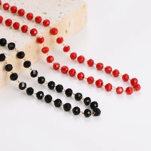 Long beaded crystal chain necklaces in red and black with faceted geometric beads