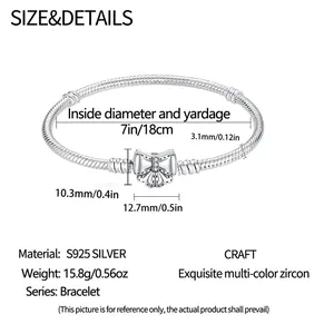 Detailed size specifications for S925 silver snake chain bracelet with zircon butterfly charm