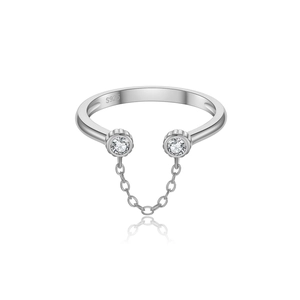 Minimalist S925 sterling silver open ring with adjustable chain and sparkling zircon stones