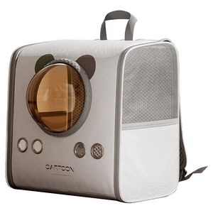 Portable gray pet carrier with space capsule window and breathable mesh for cats