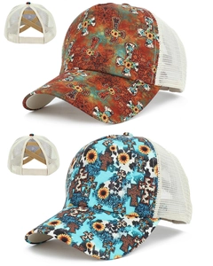 Detail of high ponytail cross elastic bands on mesh back floral baseball caps