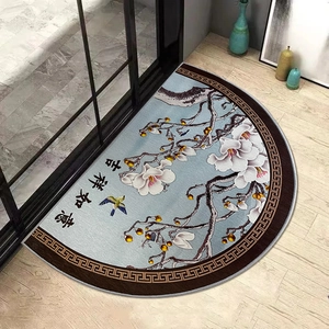 Semicircle door mat with blue magnolia patterns, birds and Chinese auspicious script