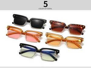 Five assorted colors of square frame sunglasses featuring gold metal bridge and acetate frame