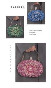 Detailed close-up of sunflower evening bags in pink, green, and blue with sparkling rhinestones