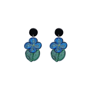 Summer oil painting style blue flower acrylic earrings with fresh artistic floral design