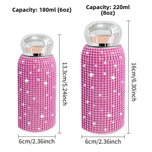 Pink rhinestone water bottle size comparison showing 6oz and 8oz capacity dimensions