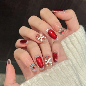 Handgefertigte Rote Löwen Nägel Zum Aufpressen Mit 3D Bogen Strass Katzenauge Chinesischer Stil Elegante Künstliche Nägel