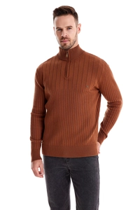 Detail of men's brown half-zip sweater showing ribbed knit texture and stand collar