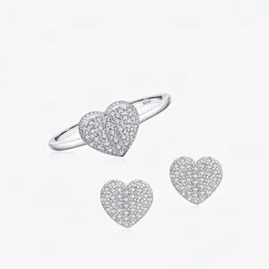 925 Sterling Silver Heart Ring And Heart Stud Earrings Pave Cubic Zirconia Romantic Sparkling Fashion Jewelry For Women