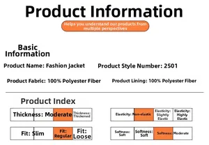 Size chart and fabric details for polyester casual jacket style 2501 in a clean layout