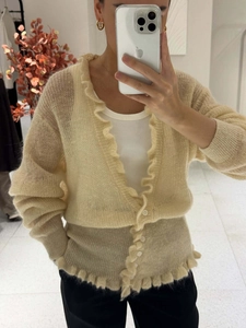 Gilet En Tricot Coton Polyester Pour Femmes Style Français Volants Aspect Mohair Ajouré Boutonnage Simple Pulls Chic Hauts