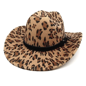 Classic leopard print western cowboy hat with black leather band and wide brim design