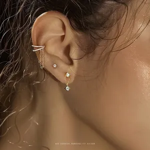 925 Sterling Silver Zirconia Earring Ear Cuff And Studs With Double Layer Tassel Chain Gold Plated For Women