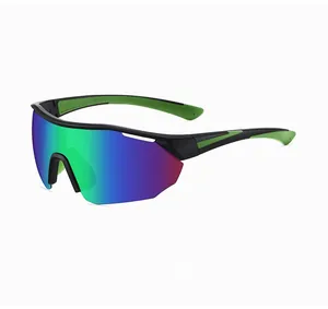 Macro detail of sports sunglasses with iridescent coated lenses and green side accents