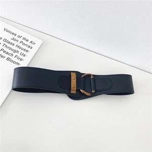 Macro view of dark blue leather wide waist belt with vintage bronze metal buckle