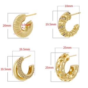 Chic gold-plated C-shaped earrings set with star cutouts and screw textures